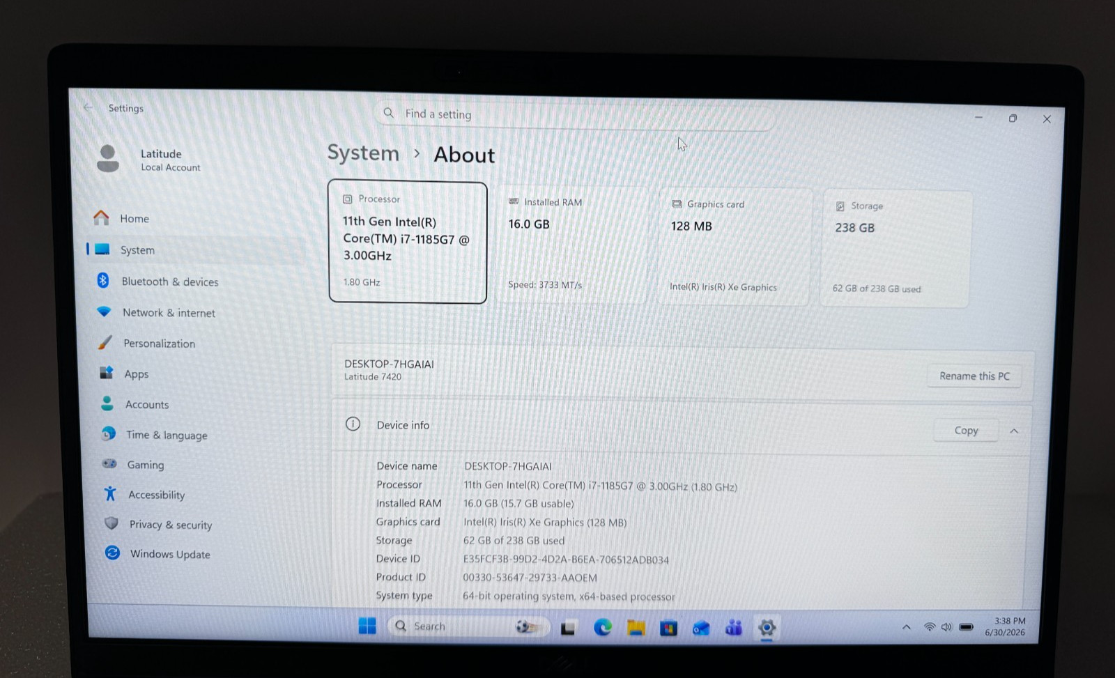 Dell Latitude 7420 14″ Laptop 11th Gen i7-1185G7 3.0GHz 16GB 256GB Windows 11