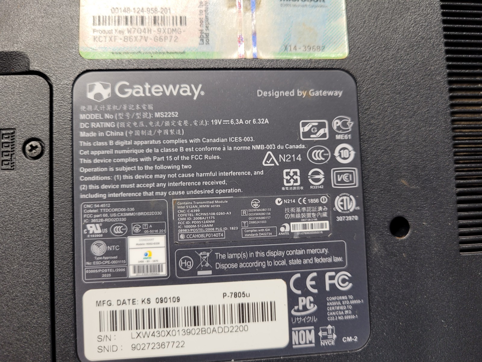 Gateway MS2252 Core 2 Duo 4GB RAM 17″ UNTESTED