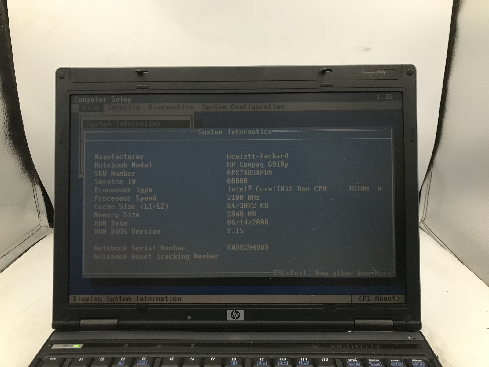 HP COMPAQ 6910P – BOOTS TO BIOS – INTEL 2 DUO T8100 – 2GB RAM – READ DESC – BB