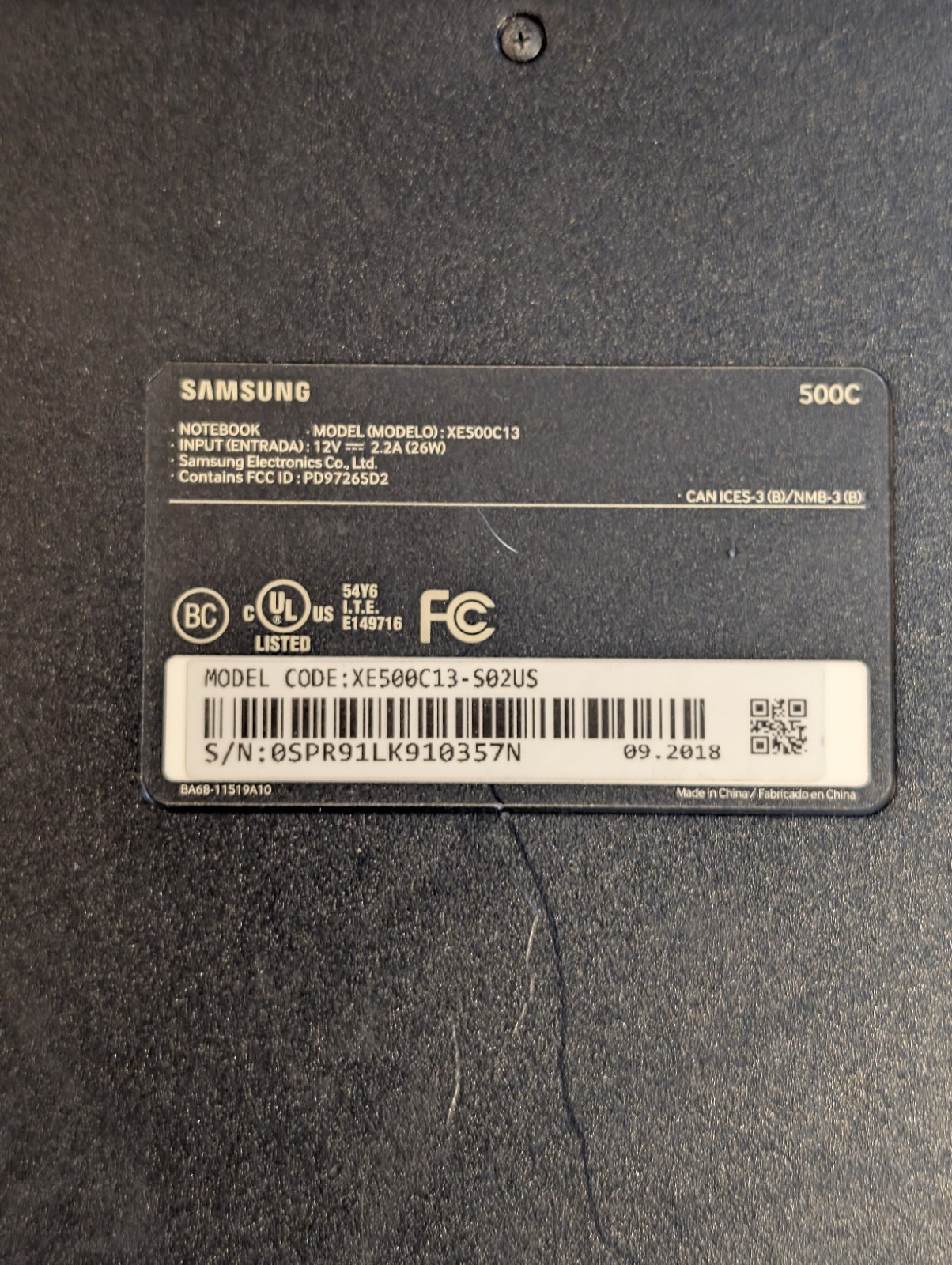 Samsung Chromebook 3 XE500C13 11.6in. UNTESTED FOR PARTS AS IS