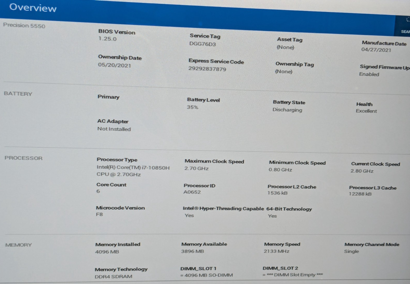 Dell Precision 5550 15.6″ i7-10850H 2.70GHz No RAM No Drive SOLD AS-IS DGG76D3