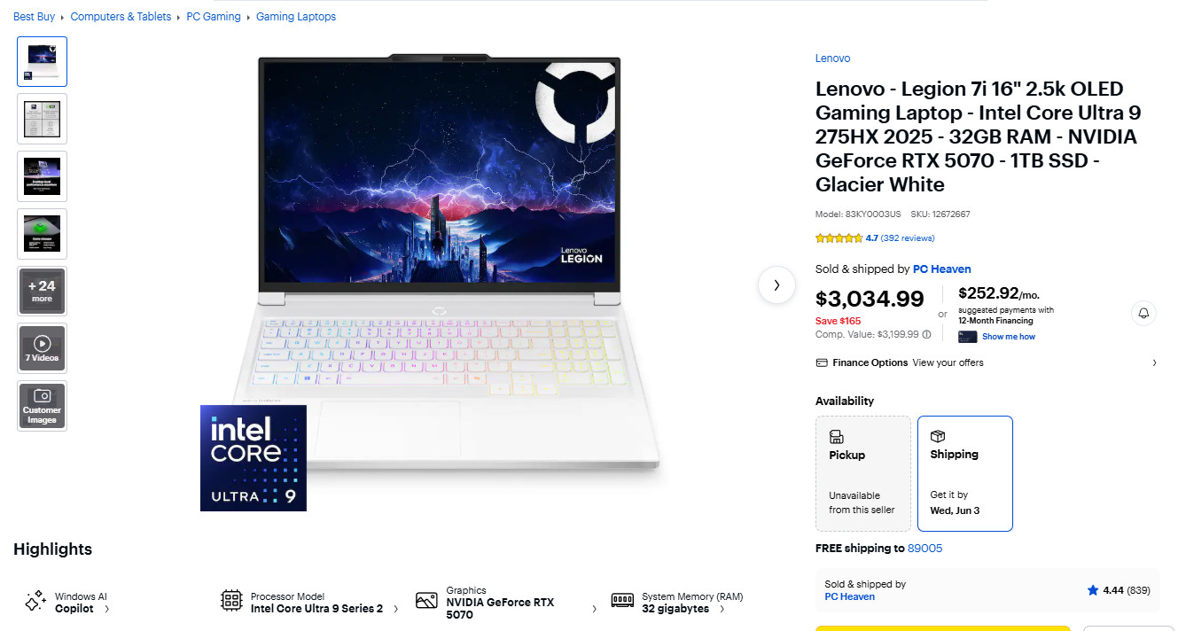 Lenovo – Legion 7i 16″ 2.5k OLED Gaming Laptop – Intel Core Ultra 9 275HX 2025