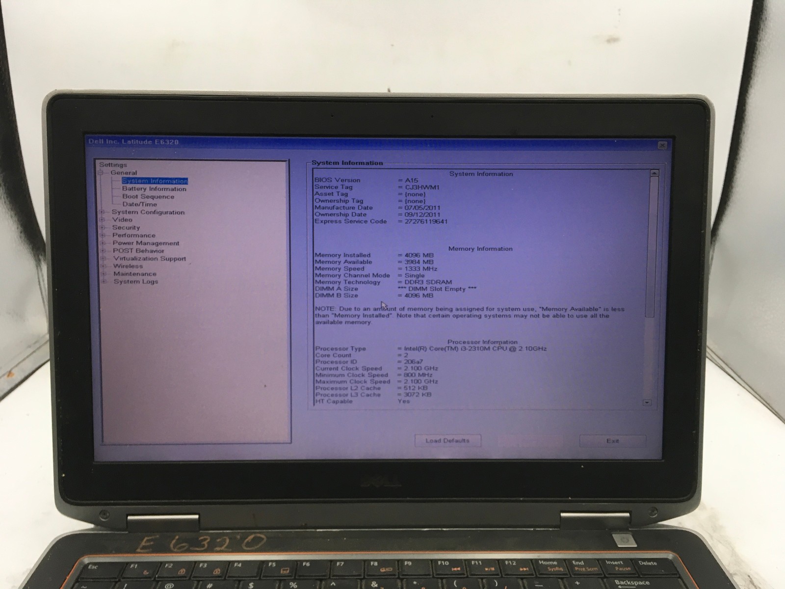 DELL LATITUDE E6320 – BOOTS TO BIOS – INTEL I3 2310M – NO RAM – READ DESC – BB