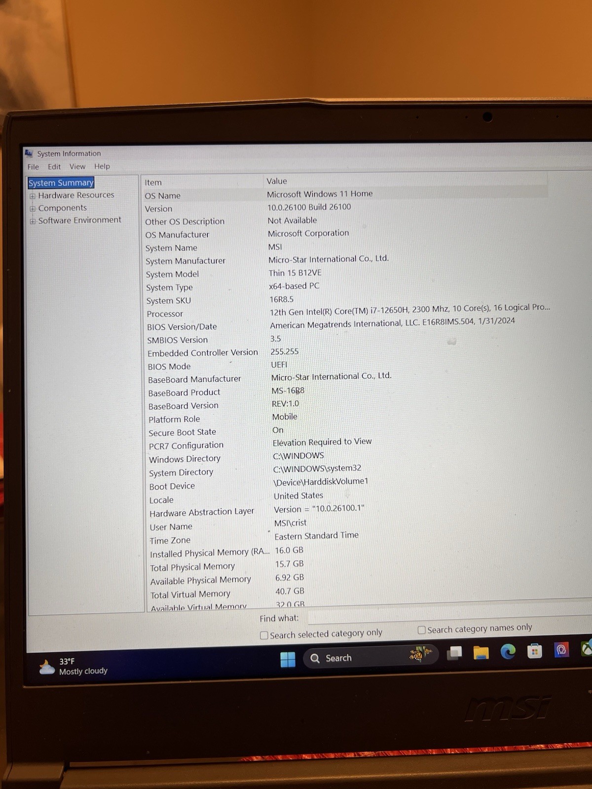 MSI Thin 15 Gaming Laptop – i7-12650H, RTX 4050, 16GB RAM, Windows 11