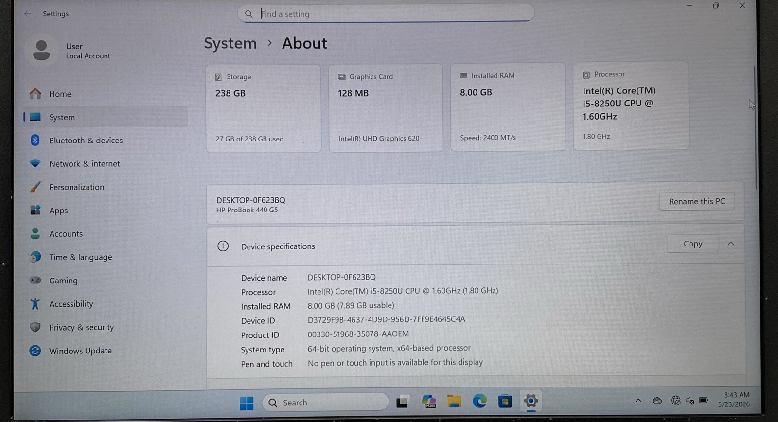 HP Elitebook 440 G5 14″ Core i5-8250U @ 1.60GHz 8GB RAM 256GB SSD Windows 11 Pro