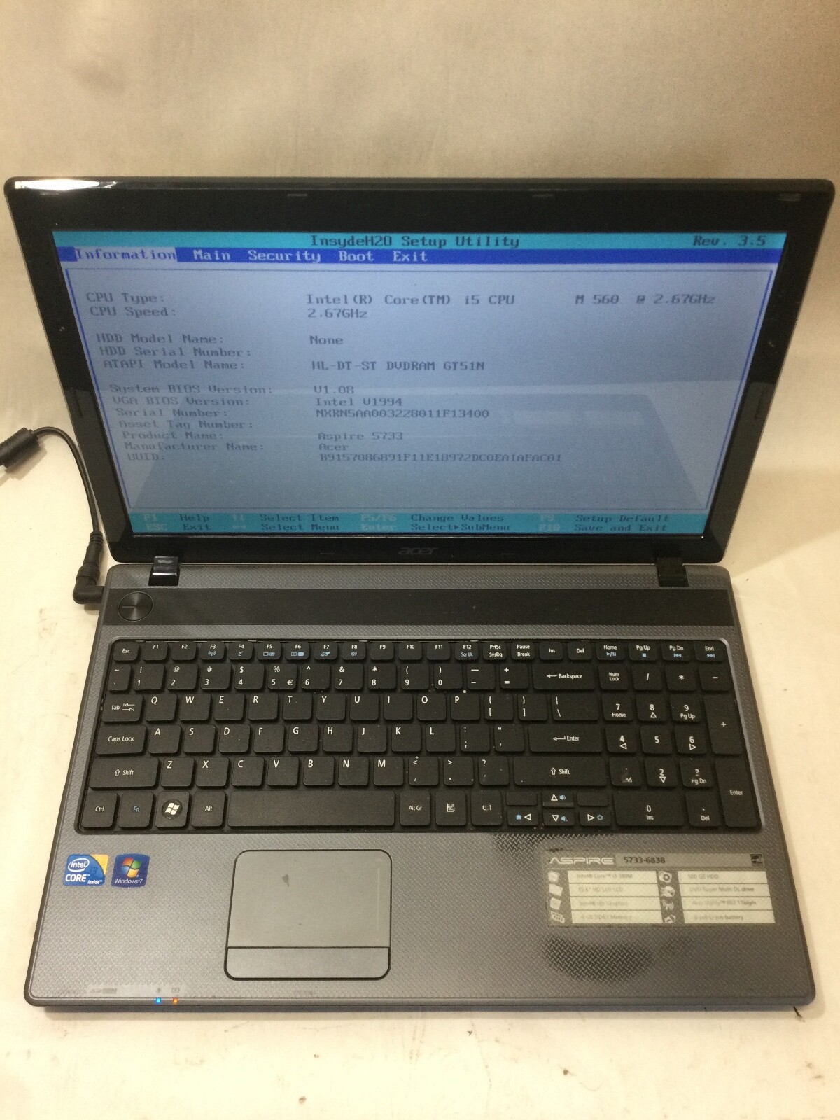 ACER ASPIRE 5733 – INTEL I5 M560 – 4GB RAM – BOOTS TO BIOS – READ DESCRIPTION-BB