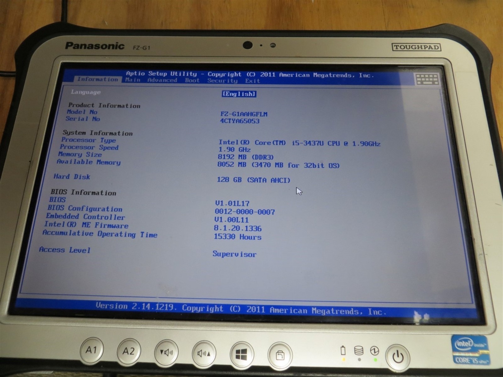 Panasonic ToughPad FZ-G1AAHGFLM Core i5-3437U 1.9GHz 8GB 128GB No Battery No PSU