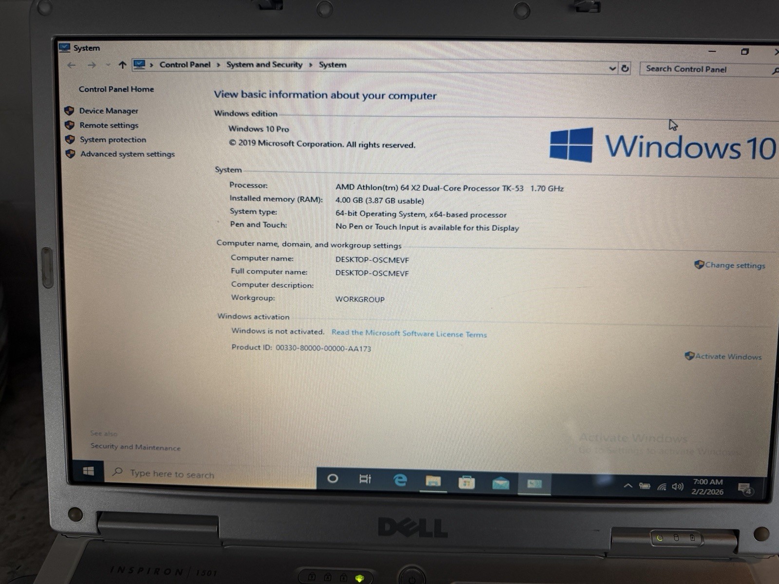 Dell Inspiron 1501 Laptop AMD Athlon 64 X2 1.7GHz 4GB RAM 500GB HDD Win 10