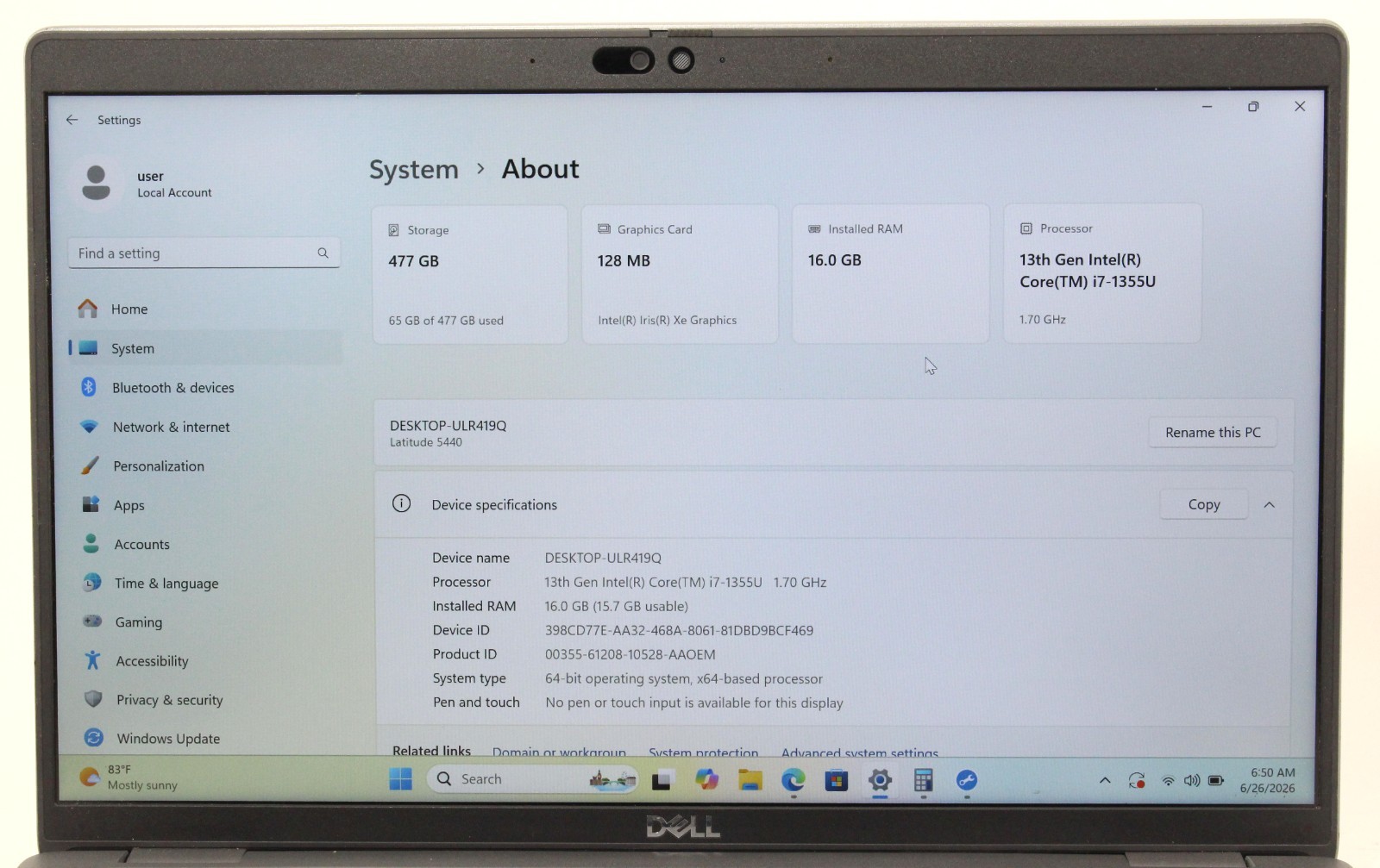 Dell Latitude 5440 14″ 512GB SSD 16GB RAM Win 11 Pro 1.7GHz i7-1355U; 6184138