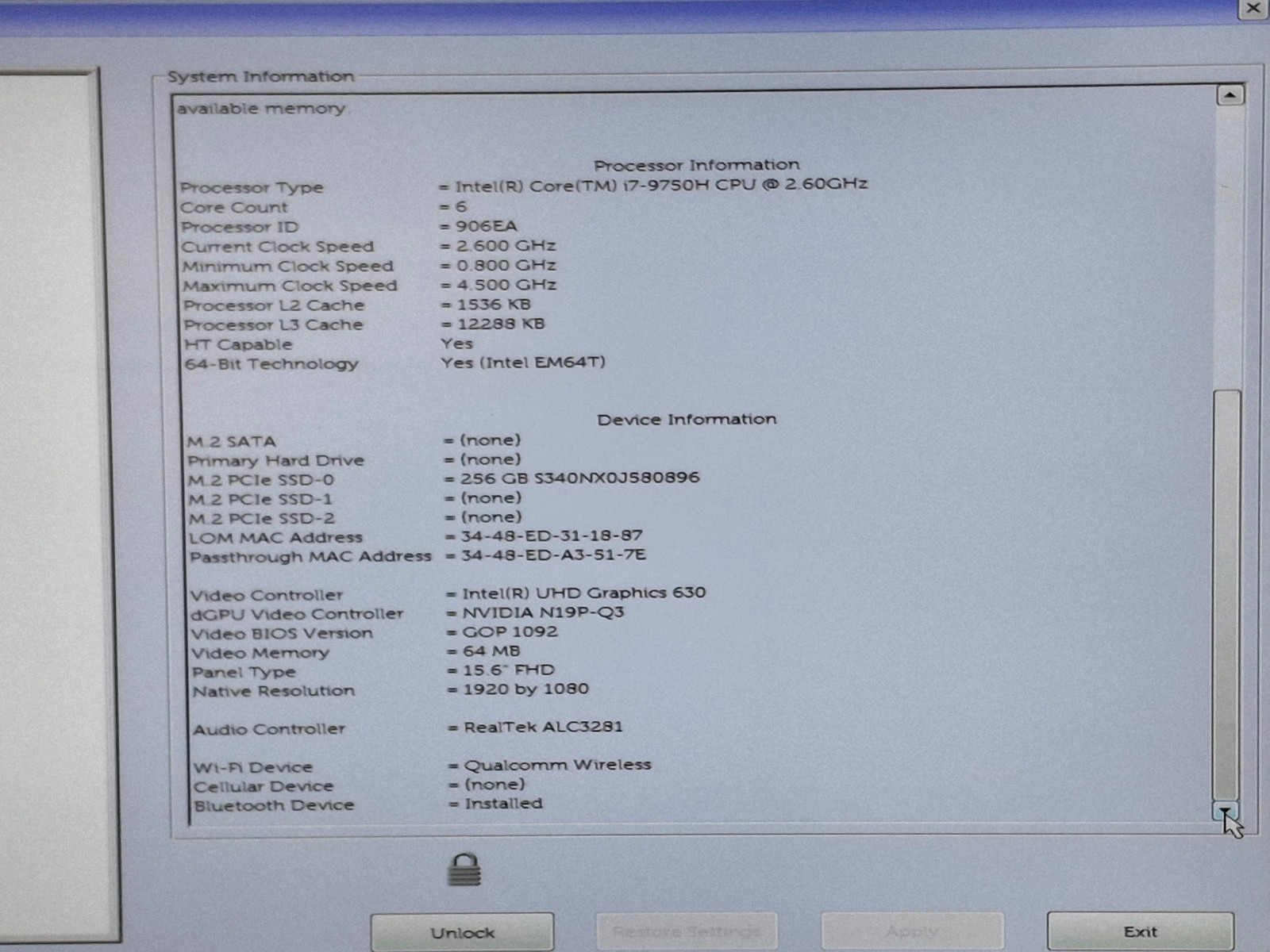 Dell Precision 7540 15.6″ Laptop Core i7-9750H 16GB RAM 256GB SSD Webcam T2000