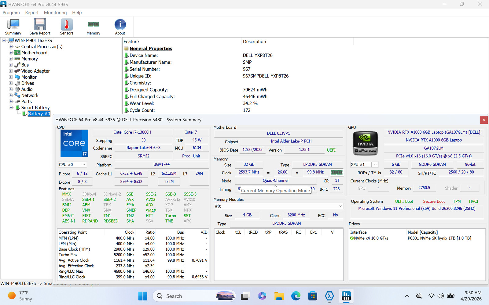 Dell Precision 5480 14″ Touch I7-13800H 1TB 32GB W11P RTX A1000 6GB GPU Warranty