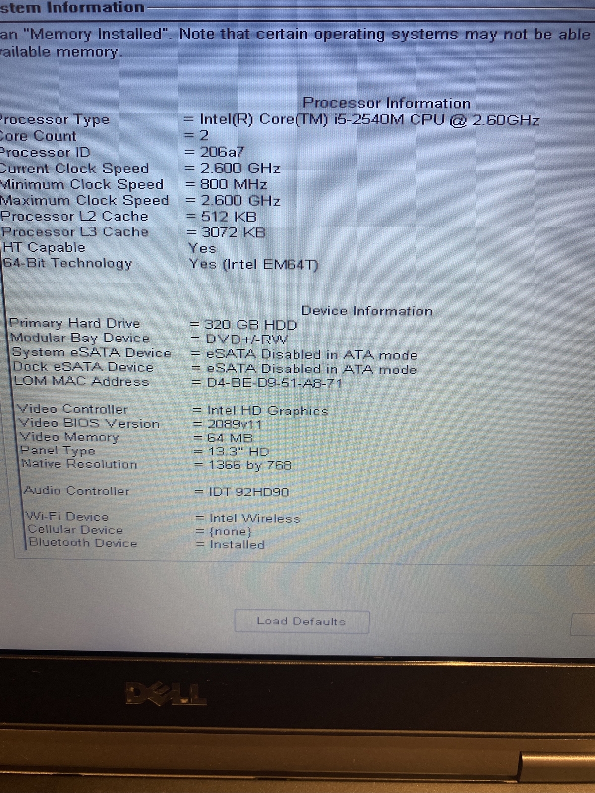 Dell Latitude E6320 Core i5 2540M 2.60GHz 4GB RAM 320GB HDD 13.3″ w/Dock Station