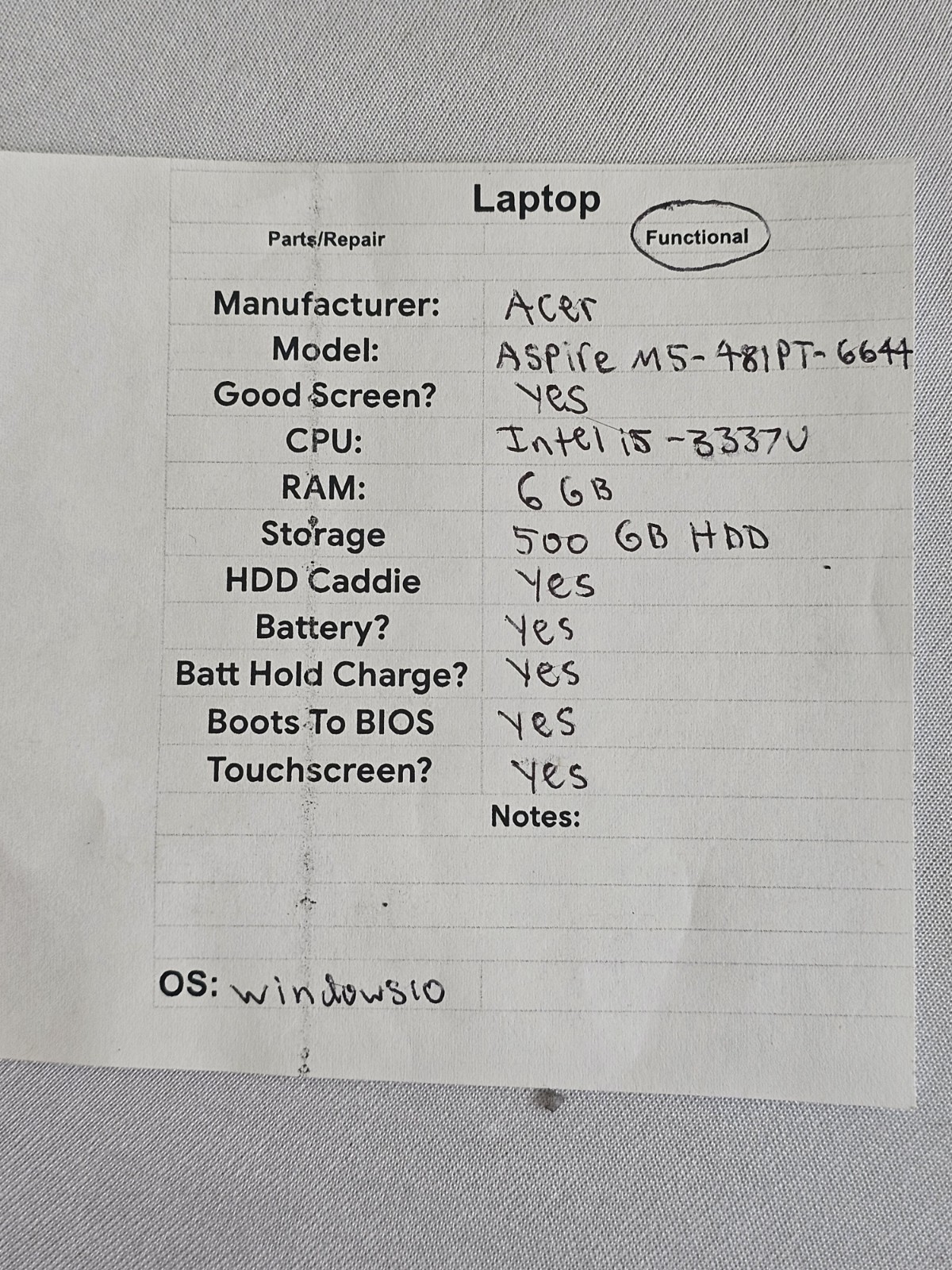 Acer Aspire M5 481PT-6644 Laptop – Intel i5-3337u – 6GB RAM – 500GB HDD – Win 10