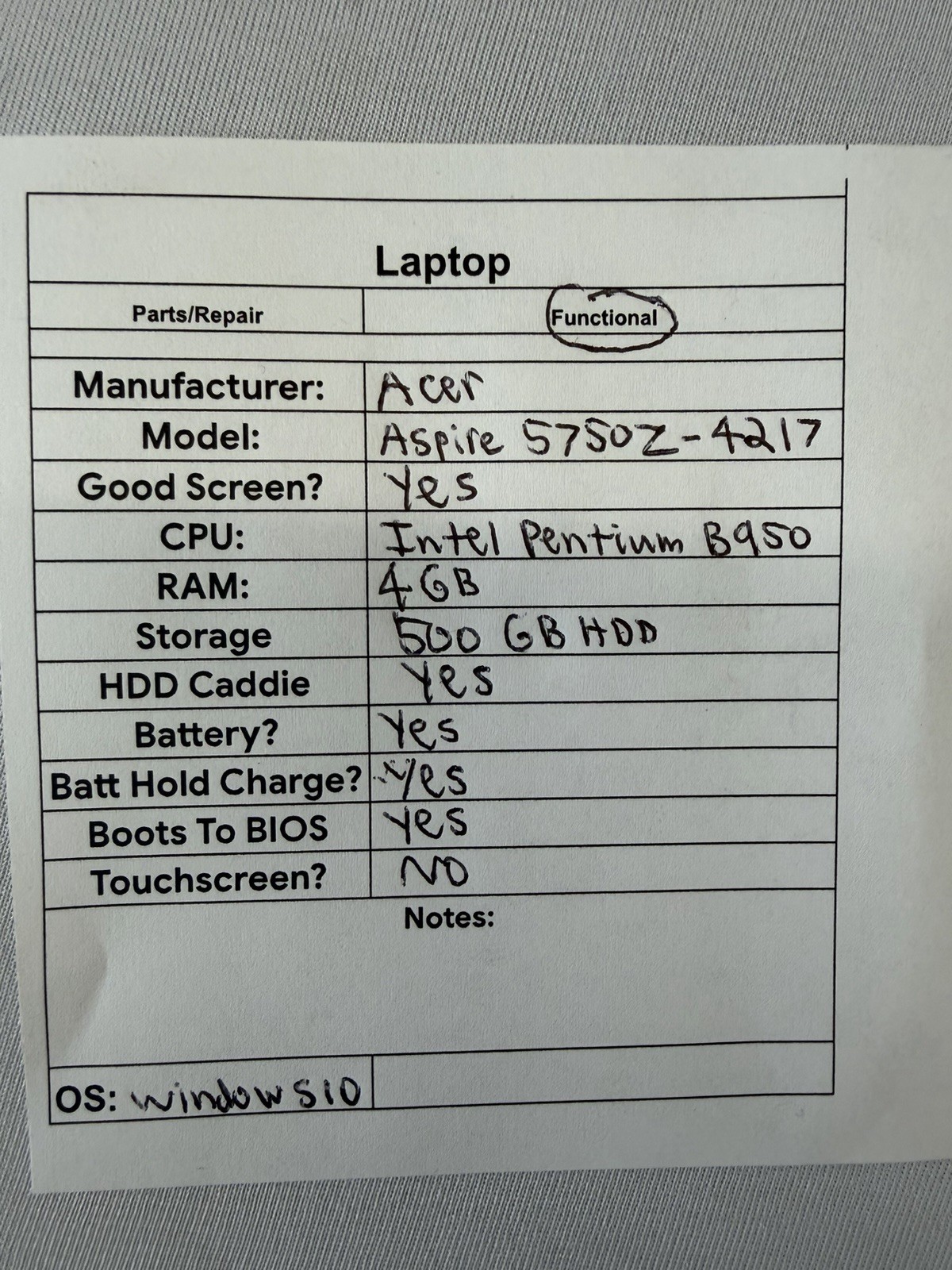 Acer Aspire 5750Z-4217 Laptop – Good Screen – Intel Pentium B950 – Read Des