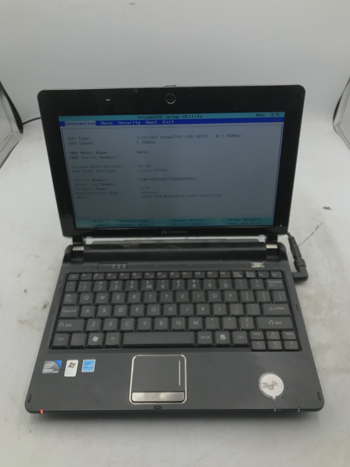 GATEWAY KAV60 – BOOTS TO BIOS – INTEL ATOM N270 – 1GB RAM – NO OS – READ DESC-BB