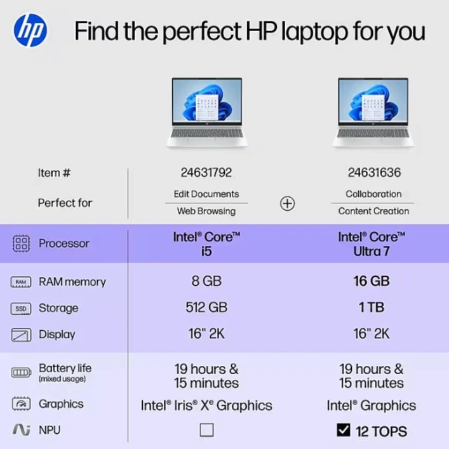 HP 16″ 2K Laptop, Intel Core Ultra 7 255U, 16GB RAM, 1TB SSD, Backlit, 19 Hours