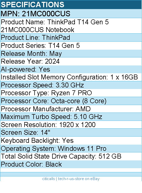 Lenovo 21MC000CUS ThinkPad T14 Gen 5 14″ Notebook – AMD Ryzen 7 PRO