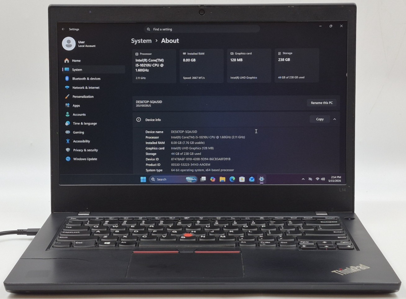 Lenovo ThinkPad L14 Laptop i5-10210U 1.60GHz 8GB RAM 256GB NVMe SSD Win 11 Pro