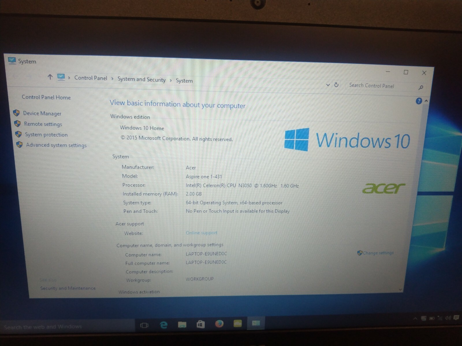 Acer Aspire N15V2 Laptop Intel Celeron N3050 1.60GHz 2GB RAM 32GB SSD BT Win10 H