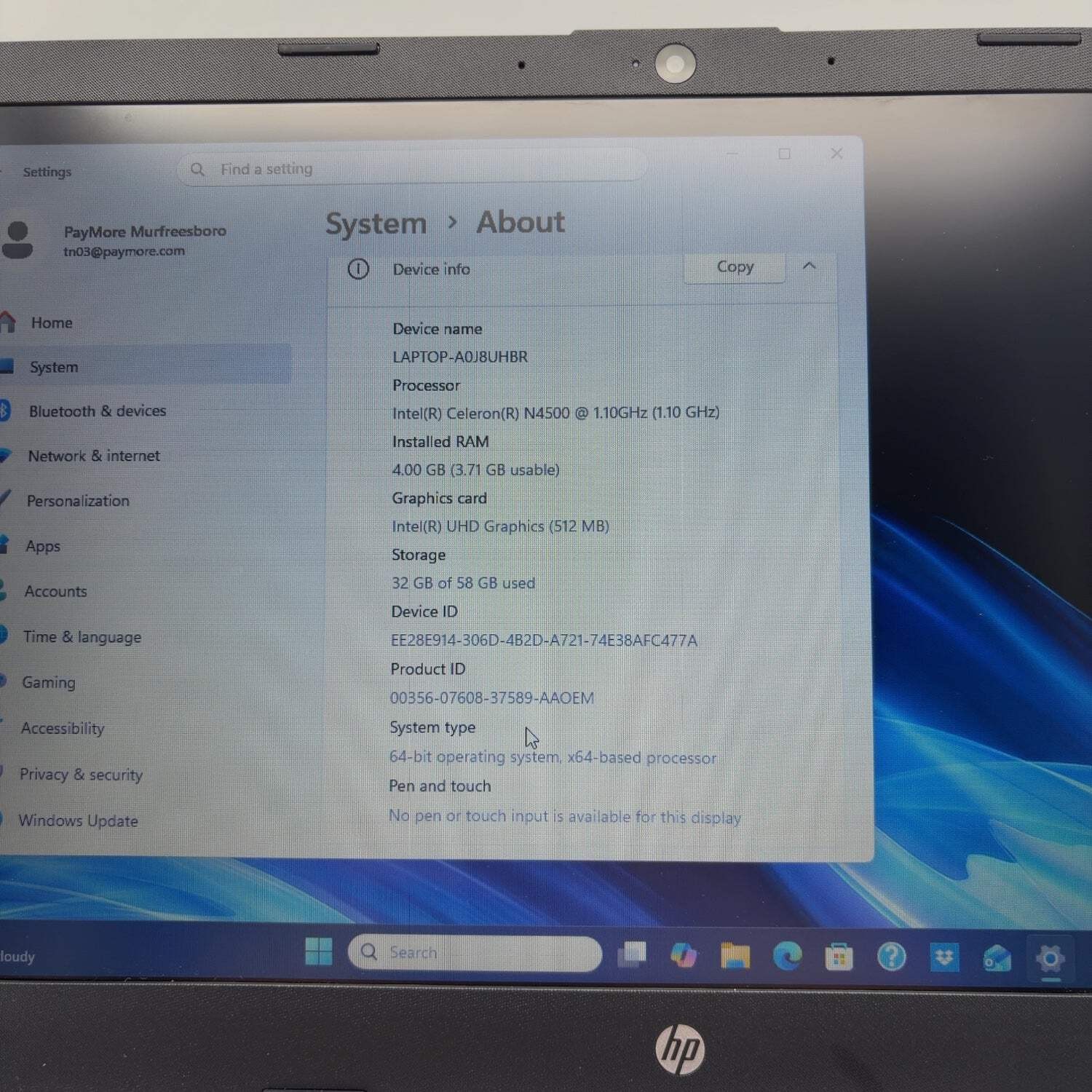 HP Laptop 14-DQ3140NR 14″ Celeron N4500 1.1GHz 4GB RAM 64GB SSD