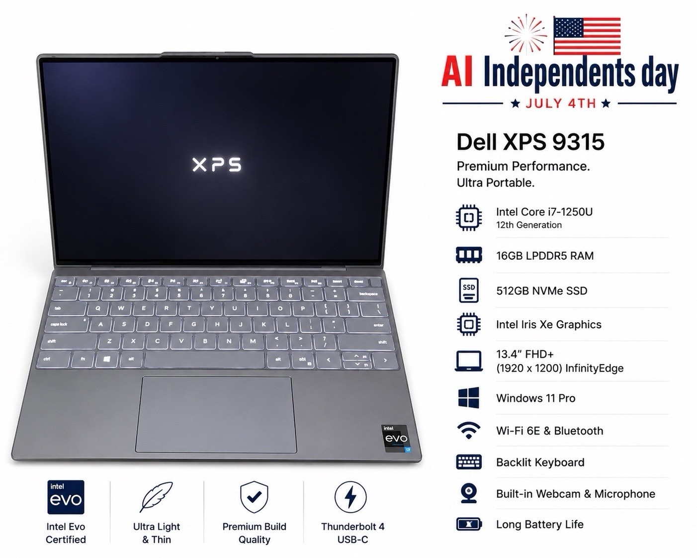 Dell XPS 9315 13.4” i7-1250U 16GB RAM 512GB SSD Win11 Pro Intel Evo FHD