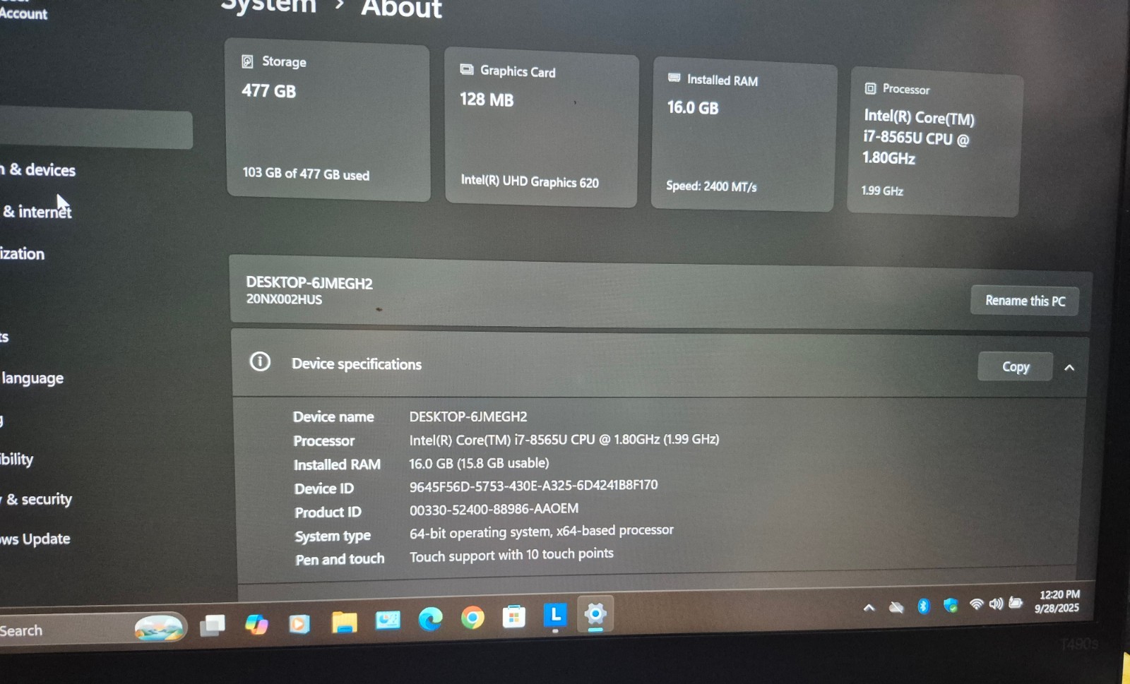 LENOVO THINKPAD T490S TOUCH i7-8565U 16GB RAM 512GB NVMe WIN 11 + OFFICE 2021