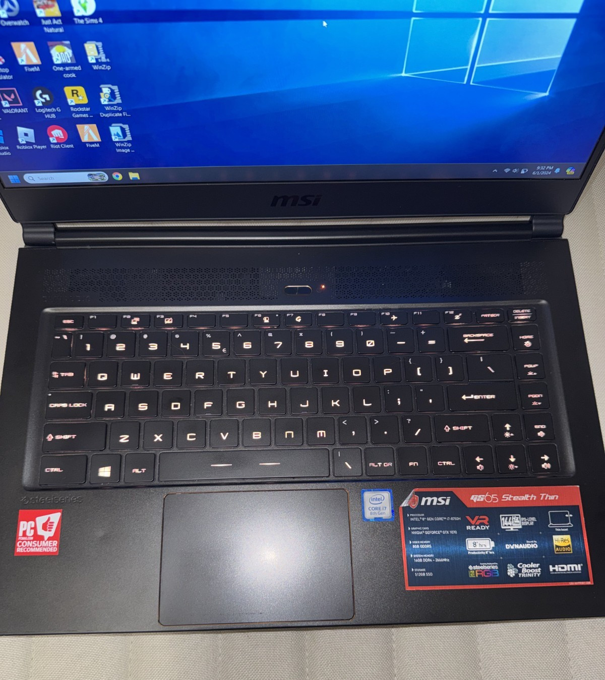 MSI GS65 Stealth Thin 8RF | 15.6″ 144Hz 7ms | i7-8750H | 16GB Memory | GTX 1070