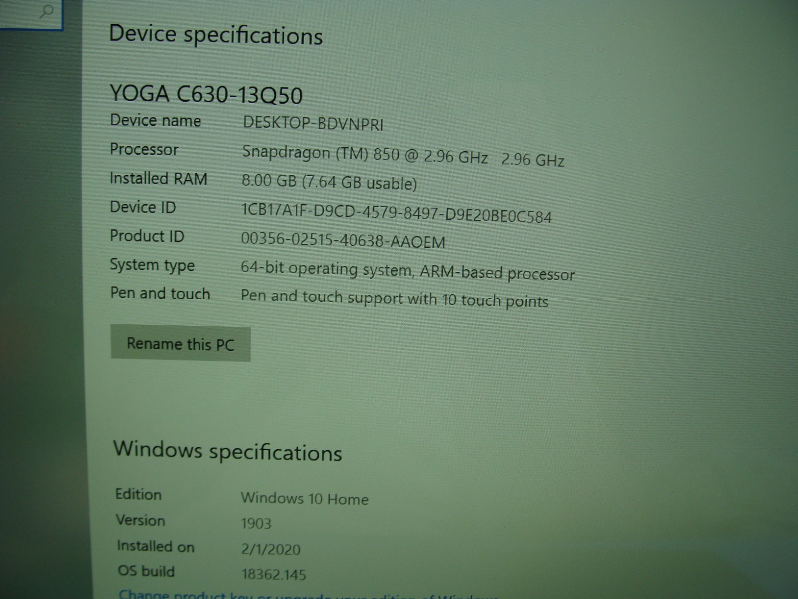 Lenovo Yoga C630-13Q50 13.3″ FHD Touch Snapdragon SDM850 2.9GHz 8GB 120GB LTE