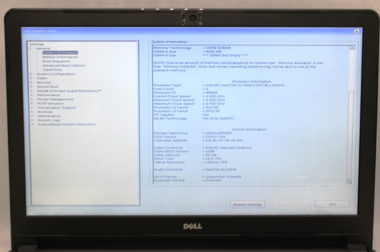 Dell Inspiron 15 5566-i5-7200U@2.5GHz-8GB DDR4 RAM-240GB SATA-NO OS*USED/TESTED*