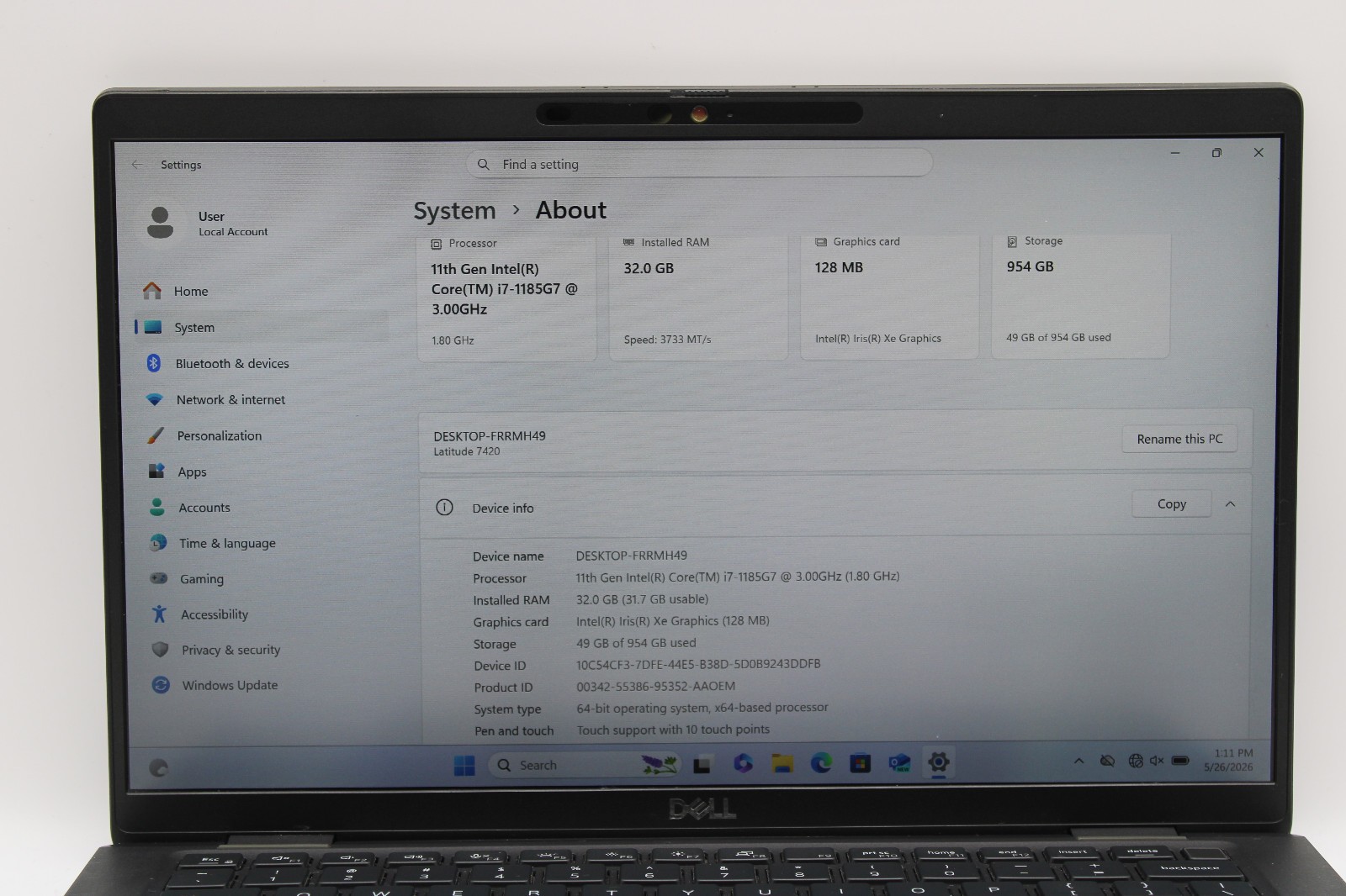 Dell Latitude 7420 Touch _ i7-1185G7 @ 3 GHz _ 32GB RAM _ 1TB SSD _ W11P