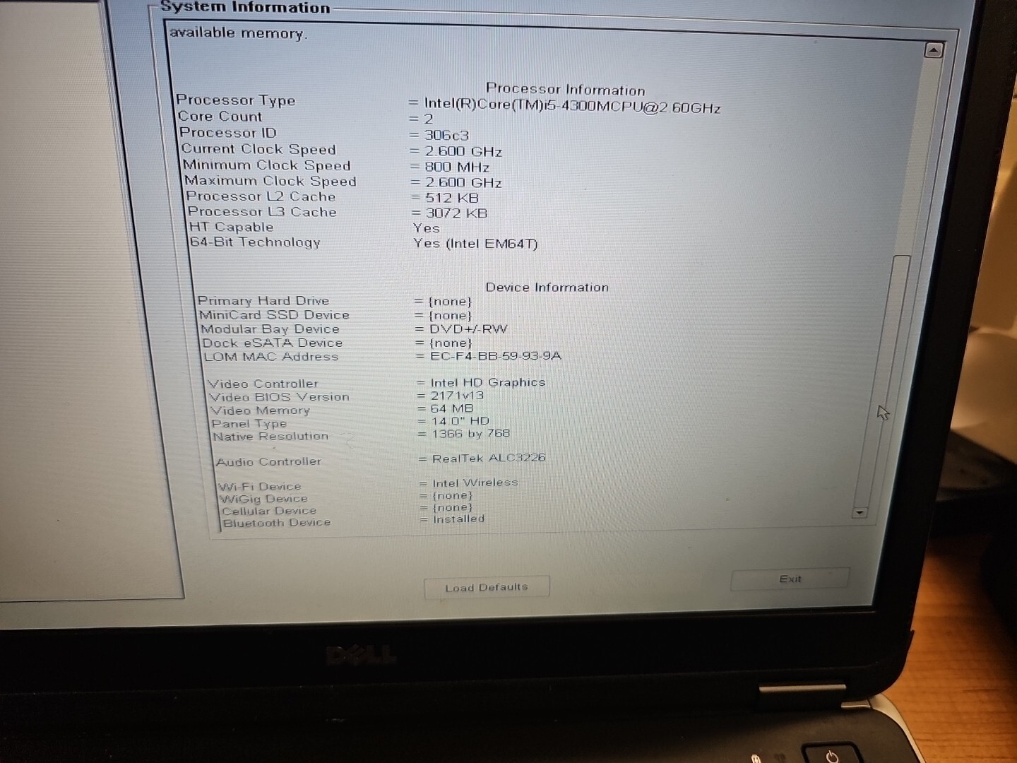 Dell Latitude E6440 14” / Intel Core i5-4310M @ 2.70GHz / No Hd/ Os 4gb 21423