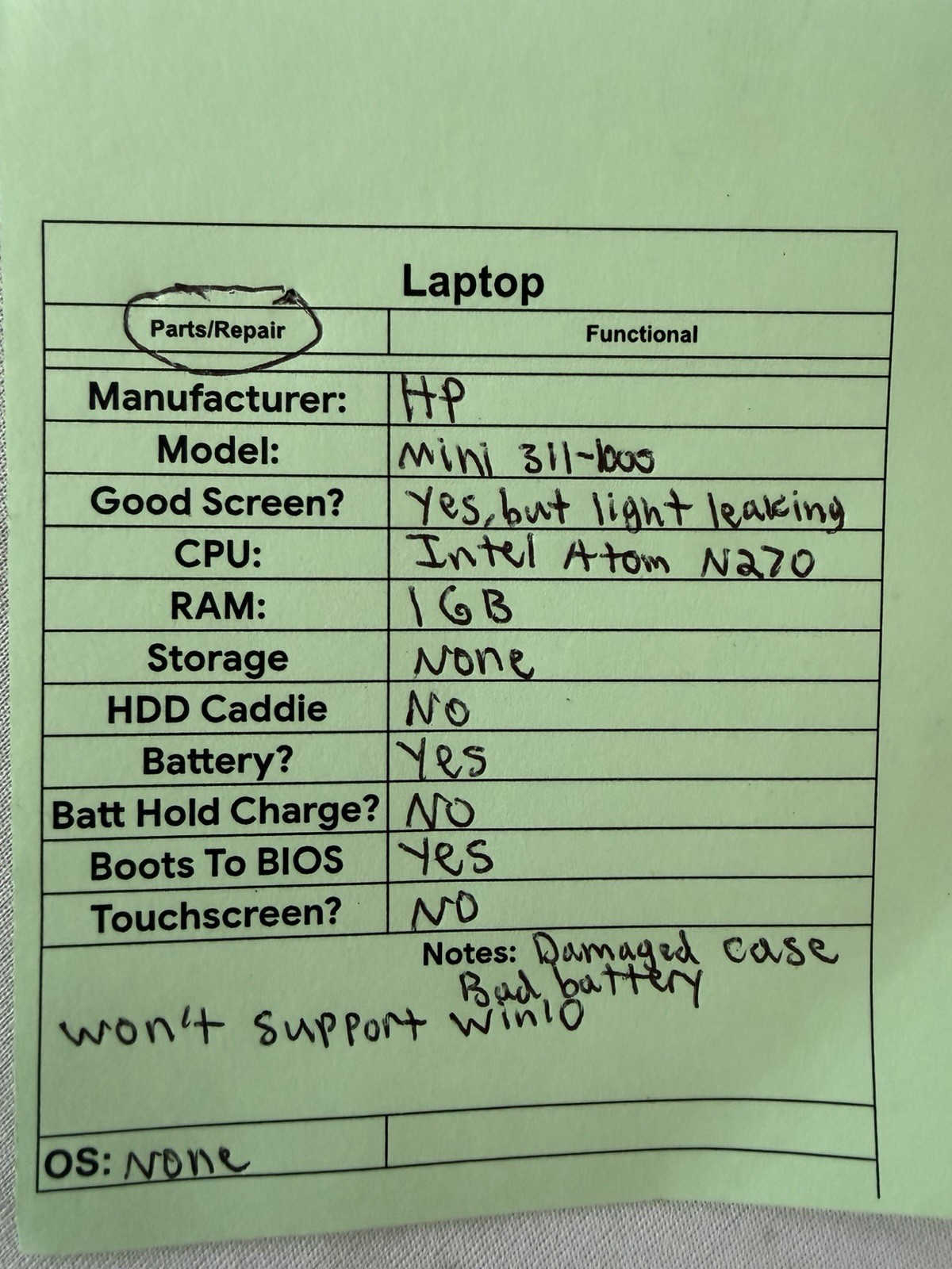 HP Mini 311-1000 Laptop – Intel Atom N270 – RAM 1 GB – No Storage – Read Des