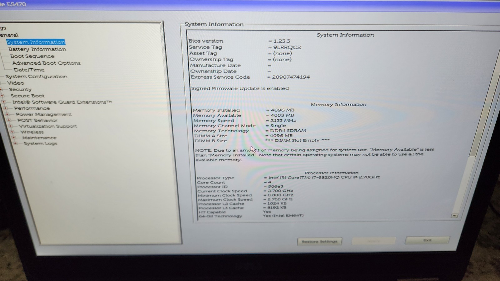 Dell Latitude E5470 14″ Laptop i7-6820HQ 4GB RAM No HDD/SSD BOOTS TO BIOS