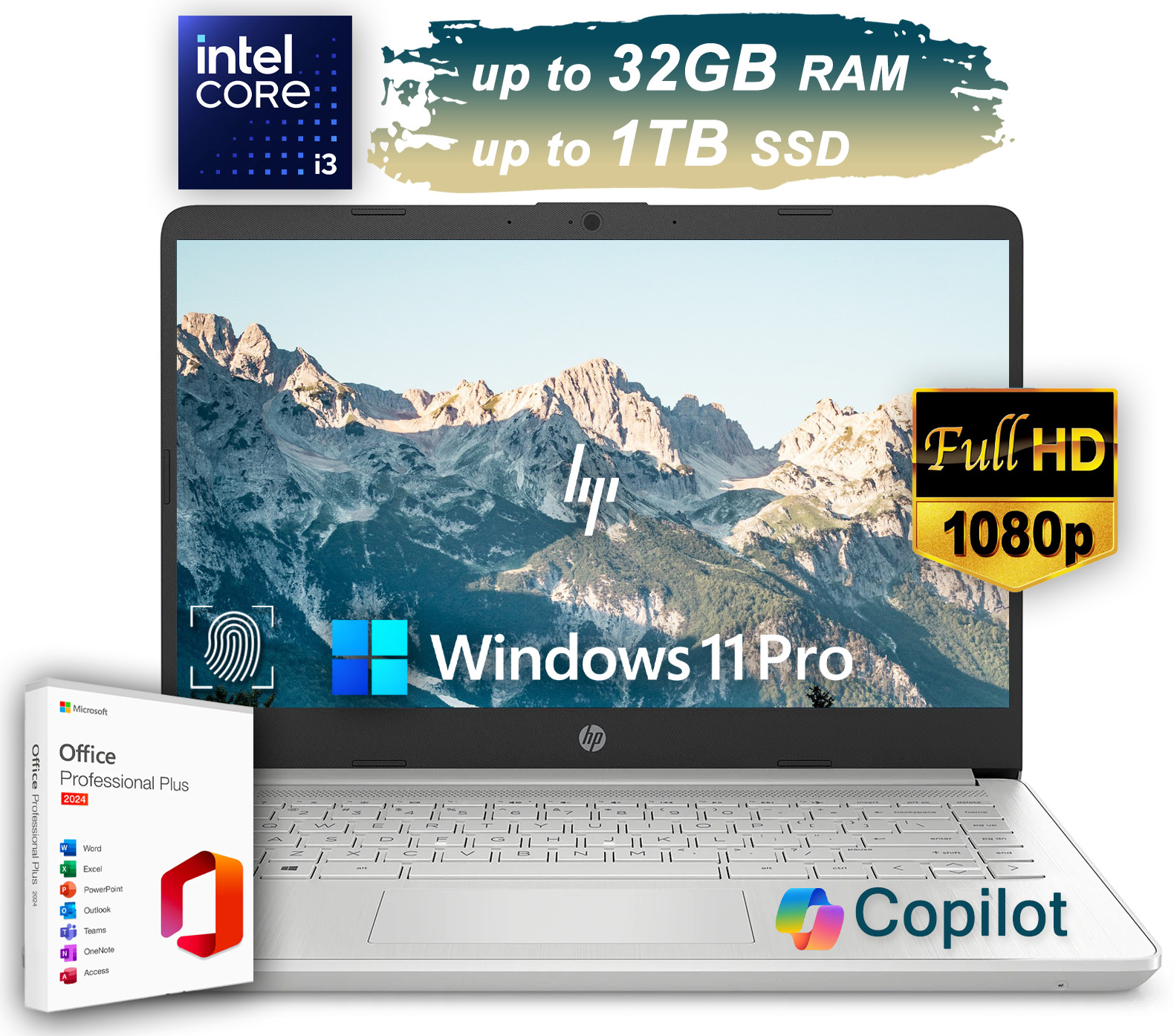 HP Laptop Computer Office 2024 14″ FHD Intel i3 Upto 4.1GH 32GB RAM 1TB SSD Pro