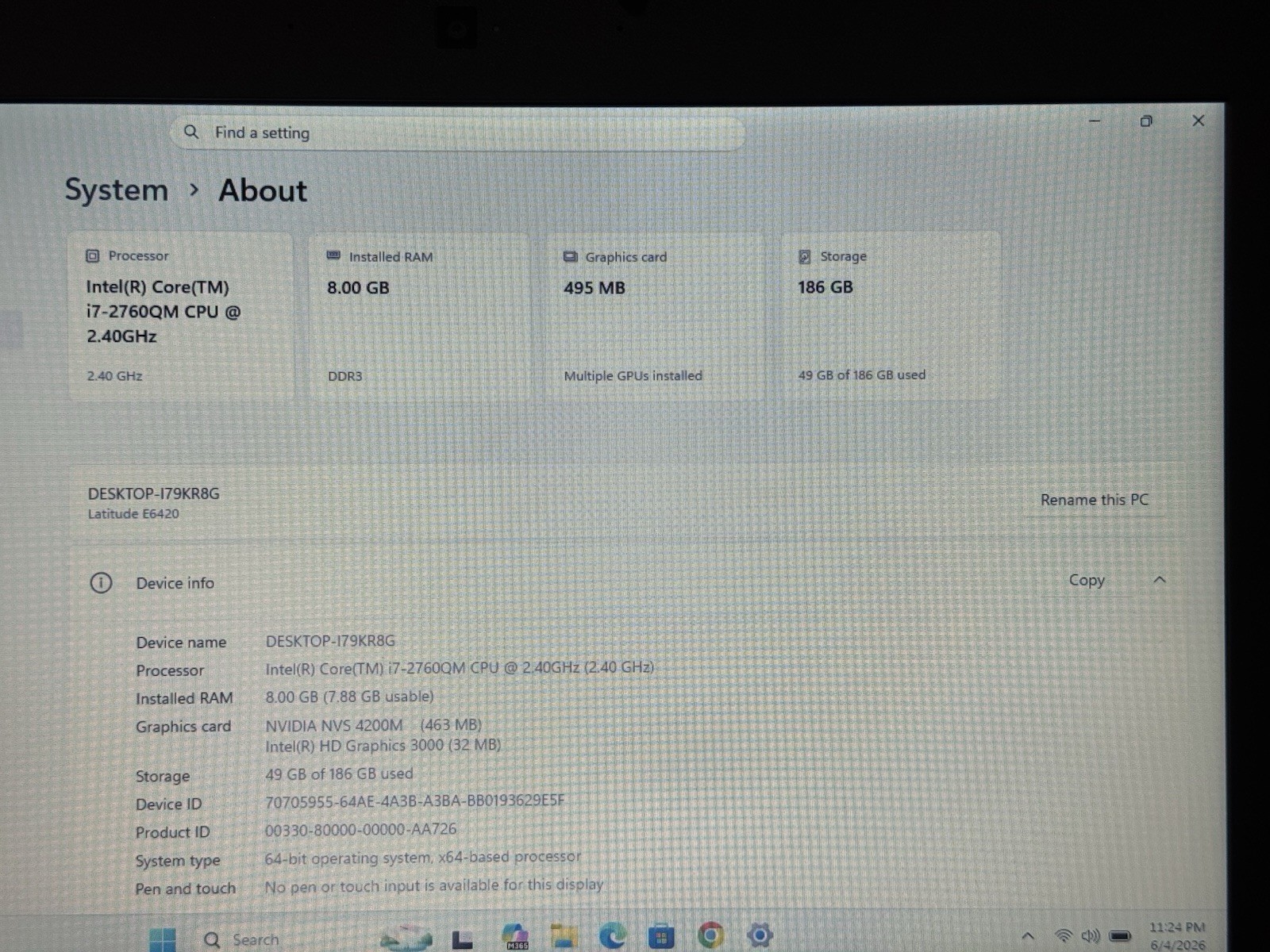 Dell Latitude E6420 Laptop Nvidia GPU I7-2760QM 2.4GHz 8gb RAM 200gb SSD Win 11