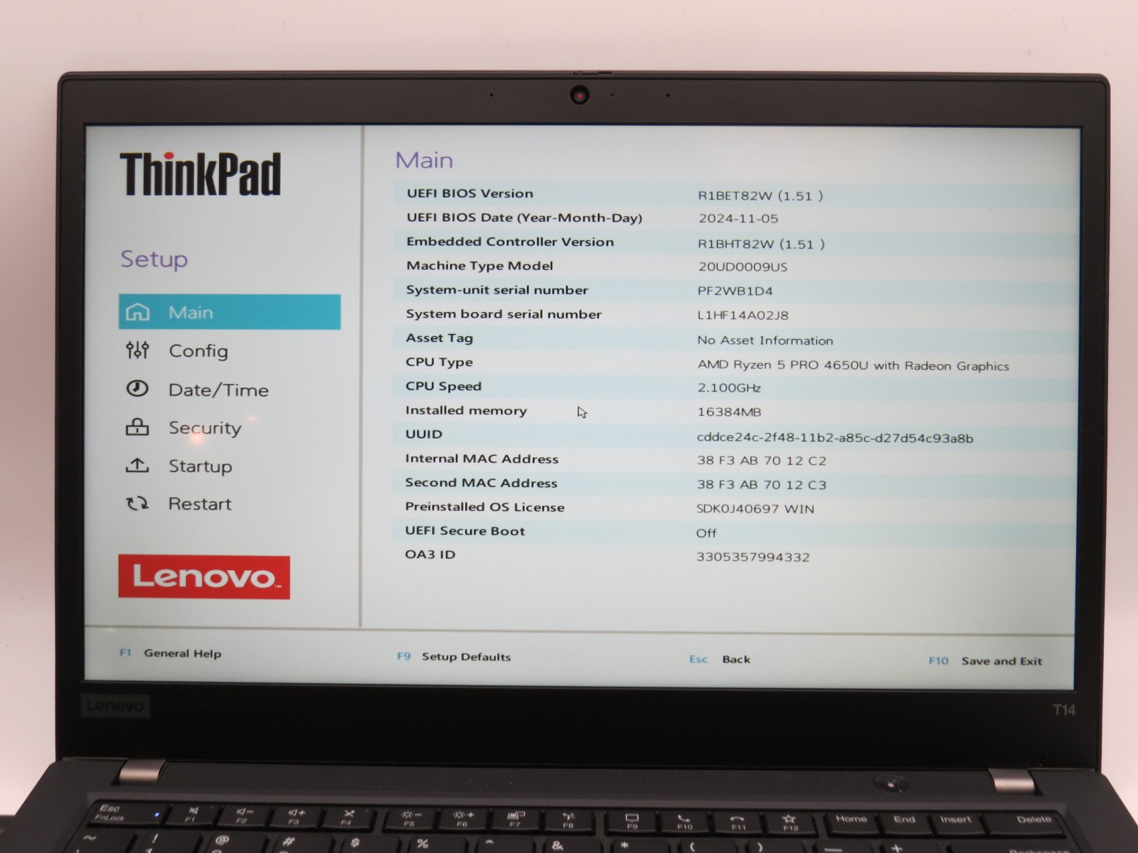 Lenovo ThinkPad T14 G1 Ryzen 5 Pro 4650U @ 1.7GHz 16GB DDR4 256GB m2 No OS
