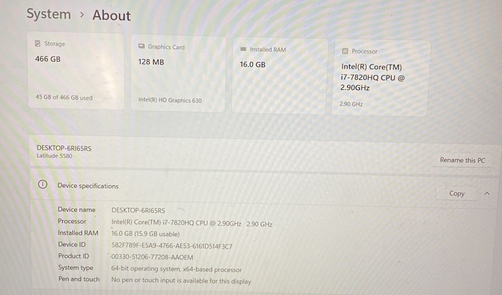 DELL LATITUDE 5580 AS IS | i5-6300U @ 2.40 GHz | 16GB RAM | NO AC/BATTERY