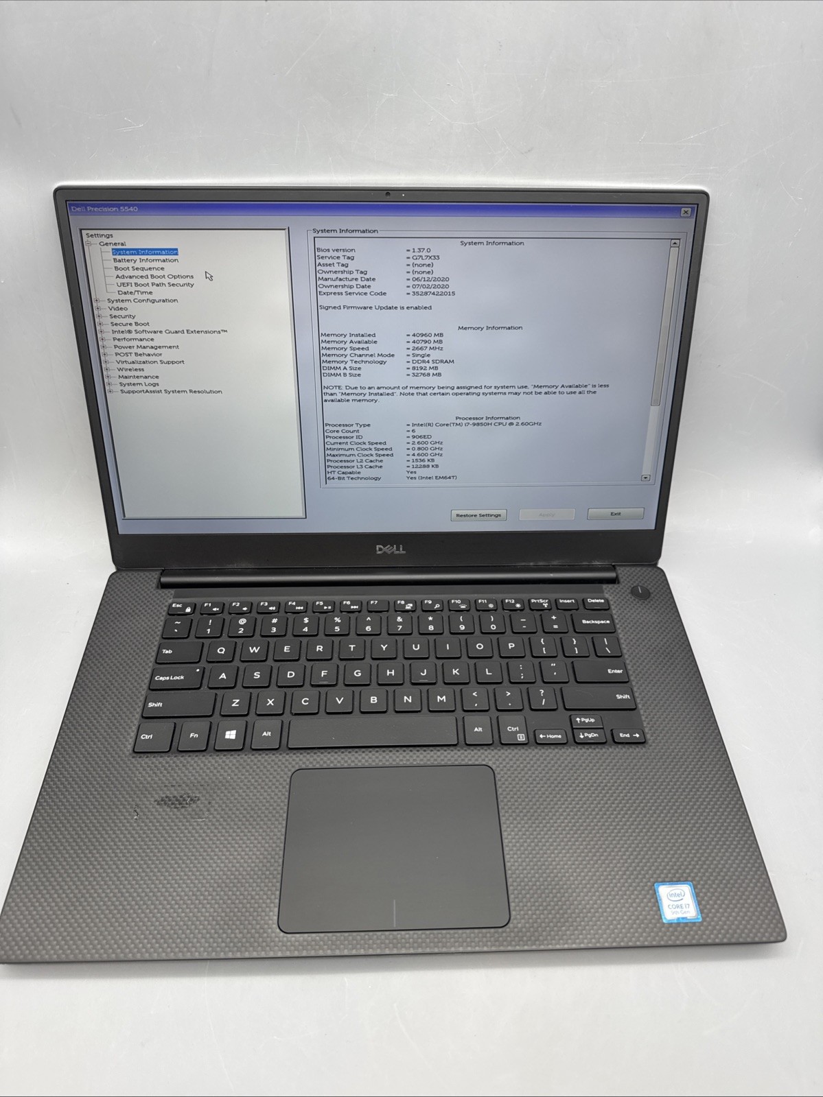Dell Precision 5540 15.6″ i7-9850H 2.6GHz 40 GB RAM, NO HDD/Os