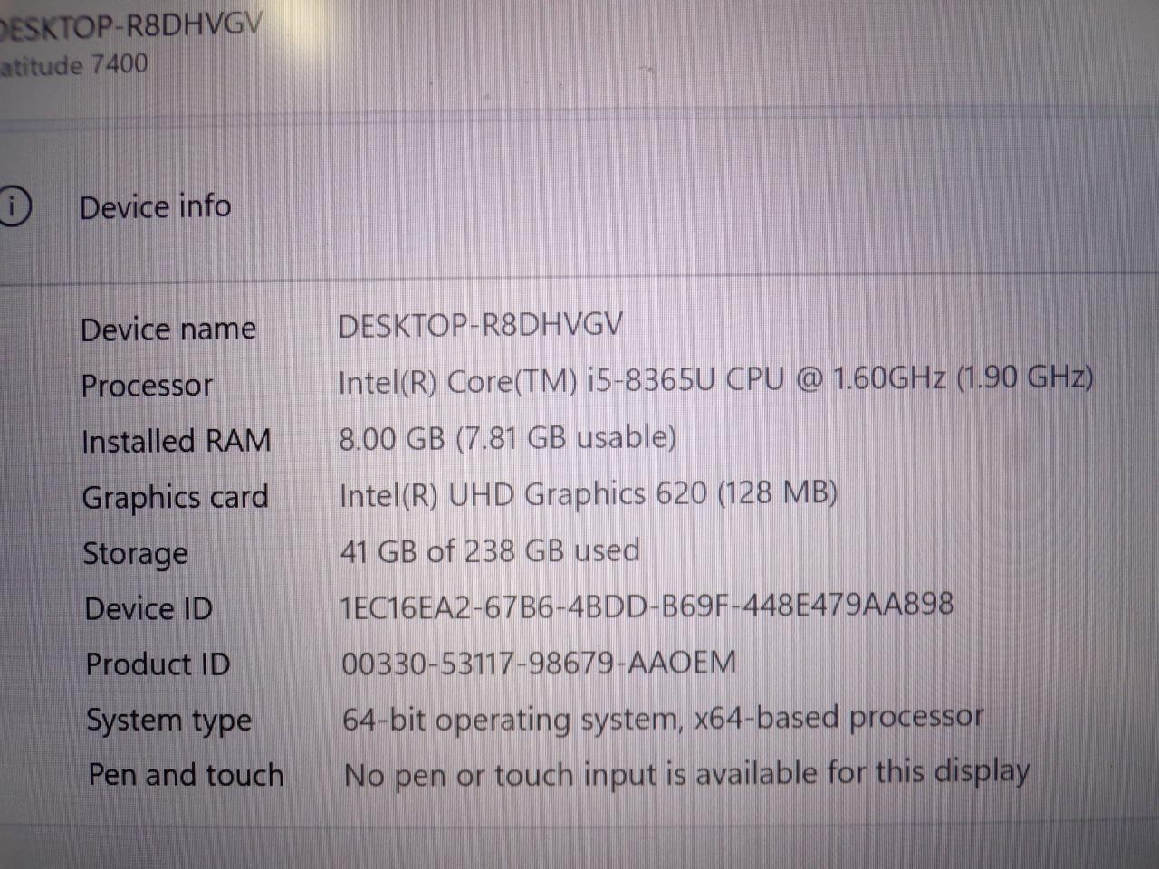 Dell Latitude 7400 14″ Core i5-8365U 1.60GHz 8GB 256GB SSD W11 Laptop (Z3145)