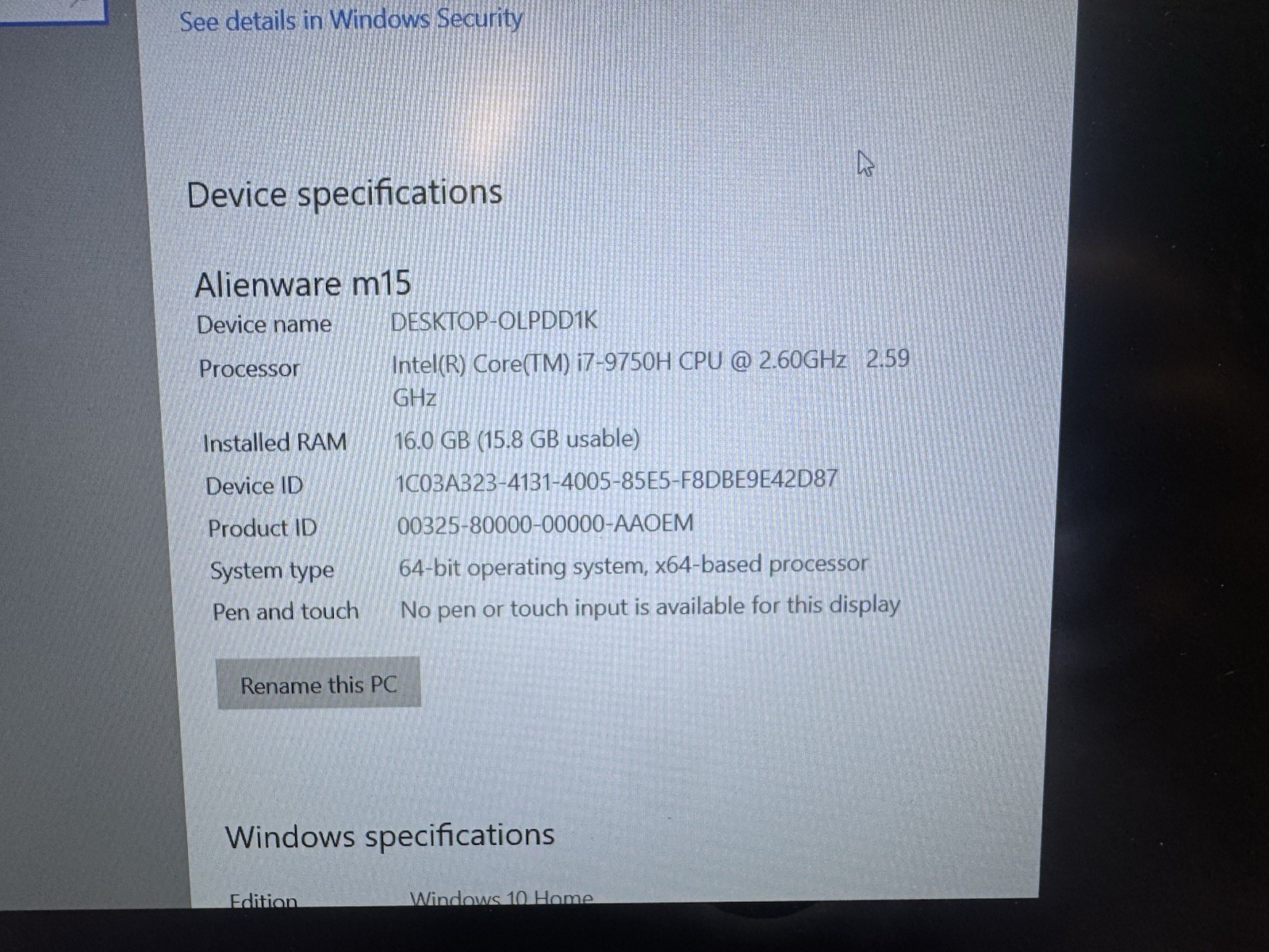 Alienware M15 R1 16GB 475GB SSD Intel i7-9750H NVIDIA Gaming Laptop PC Computer