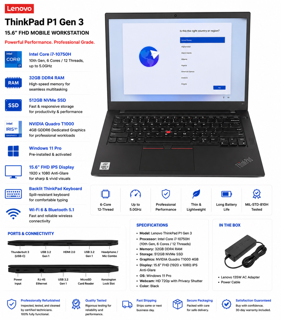 Lenovo ThinkPad P1 Gen 3 15.6” FHD Intel i7-10750H 32GB RAM 512GB SSD Win 11 Pro