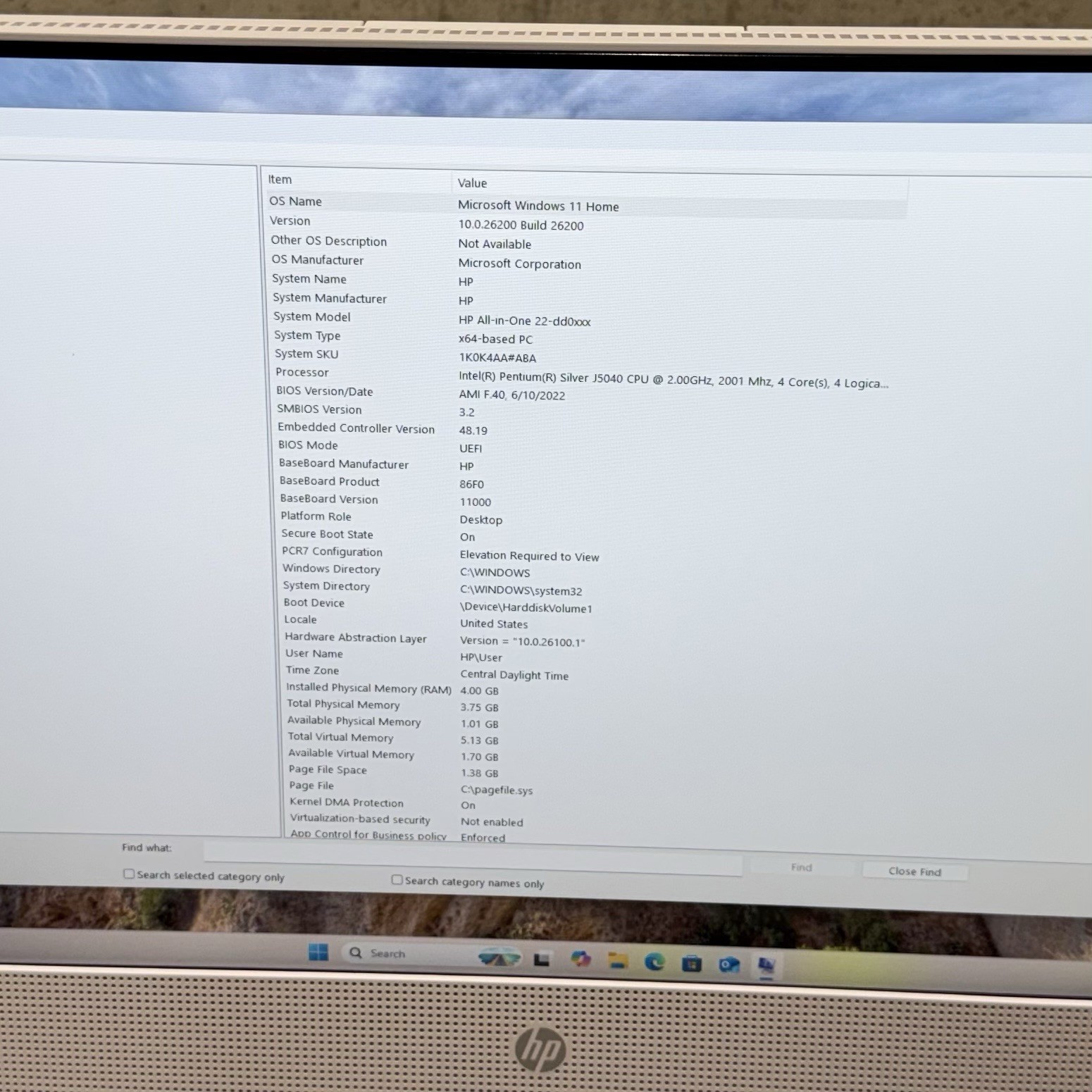 HP 22-dd0123w All In One PC J5040 4GB 128GB SSD Win11 Webcam KB Mouse WiFi