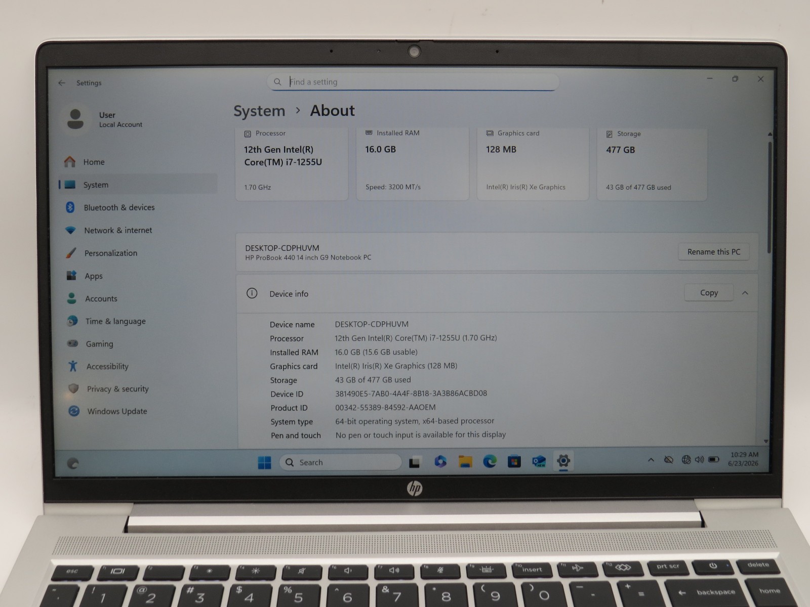 HP ProBook 440 G9 i7-1255U @ 1.7GHz 16GB DDR4 512GB SSD 14″ Win 11 Pro