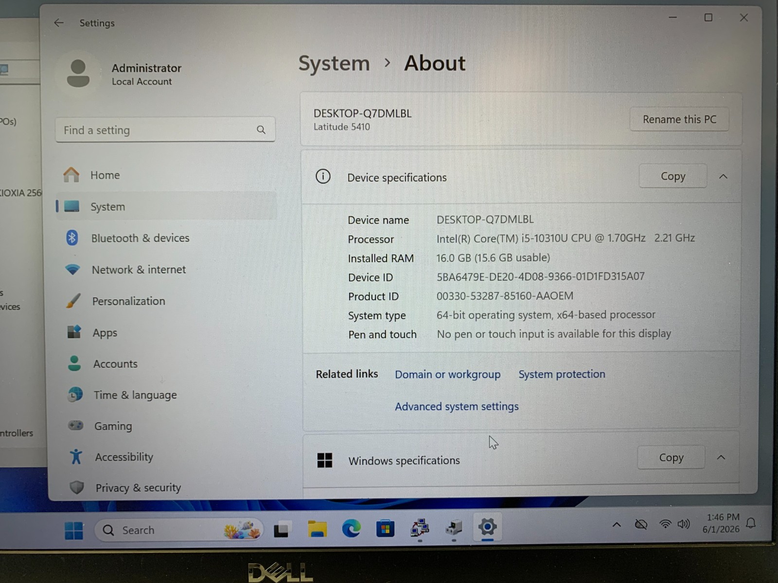 Dell Latitude 5410 14″ FHD i5-10310U 1.7GHz 16GB 256GB W11P No Bat