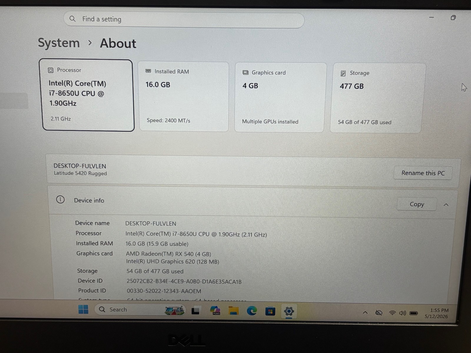 Dell Latitude 5420 Rugged 14″ Intel i7-8650U 1.90 GHz 16GB 512GB SSD Windows 11