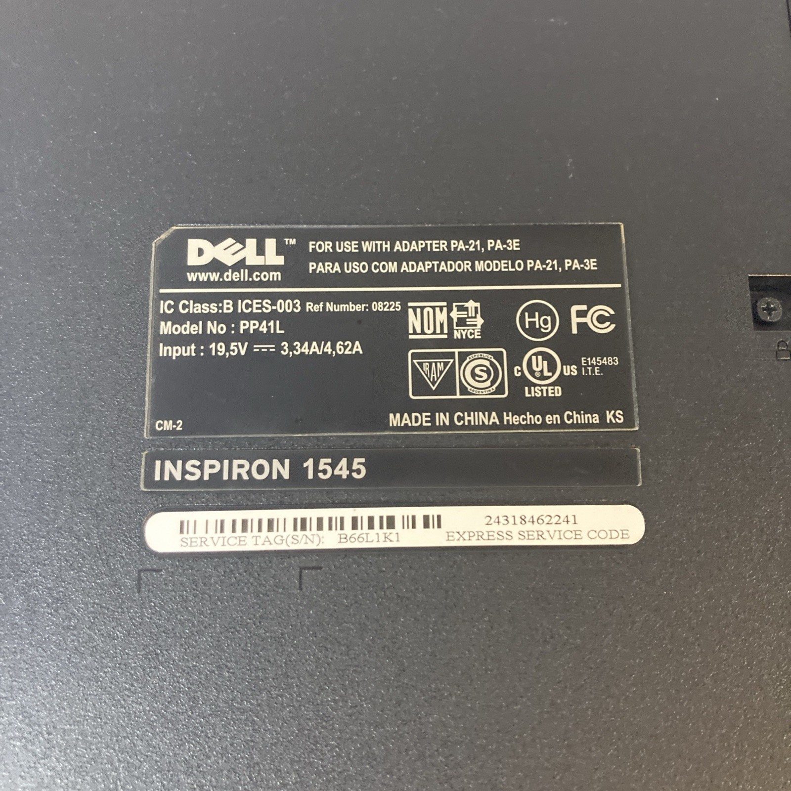 Dell Inspiron 1545 Intel Core 2 Duo T6600 @ 2.2 GHz 3GB no HDD Boot to BIOS
