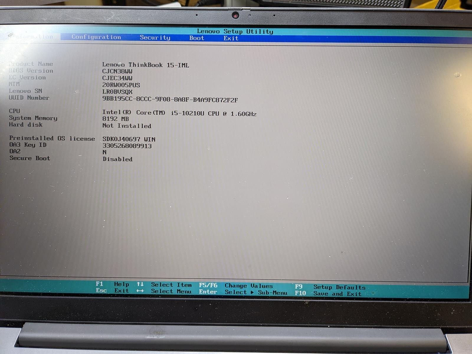 LENOVO THINKBOOK 15-IML i5-10210U @ 1.60GHz, 8GB RAM, NO HDD/OS