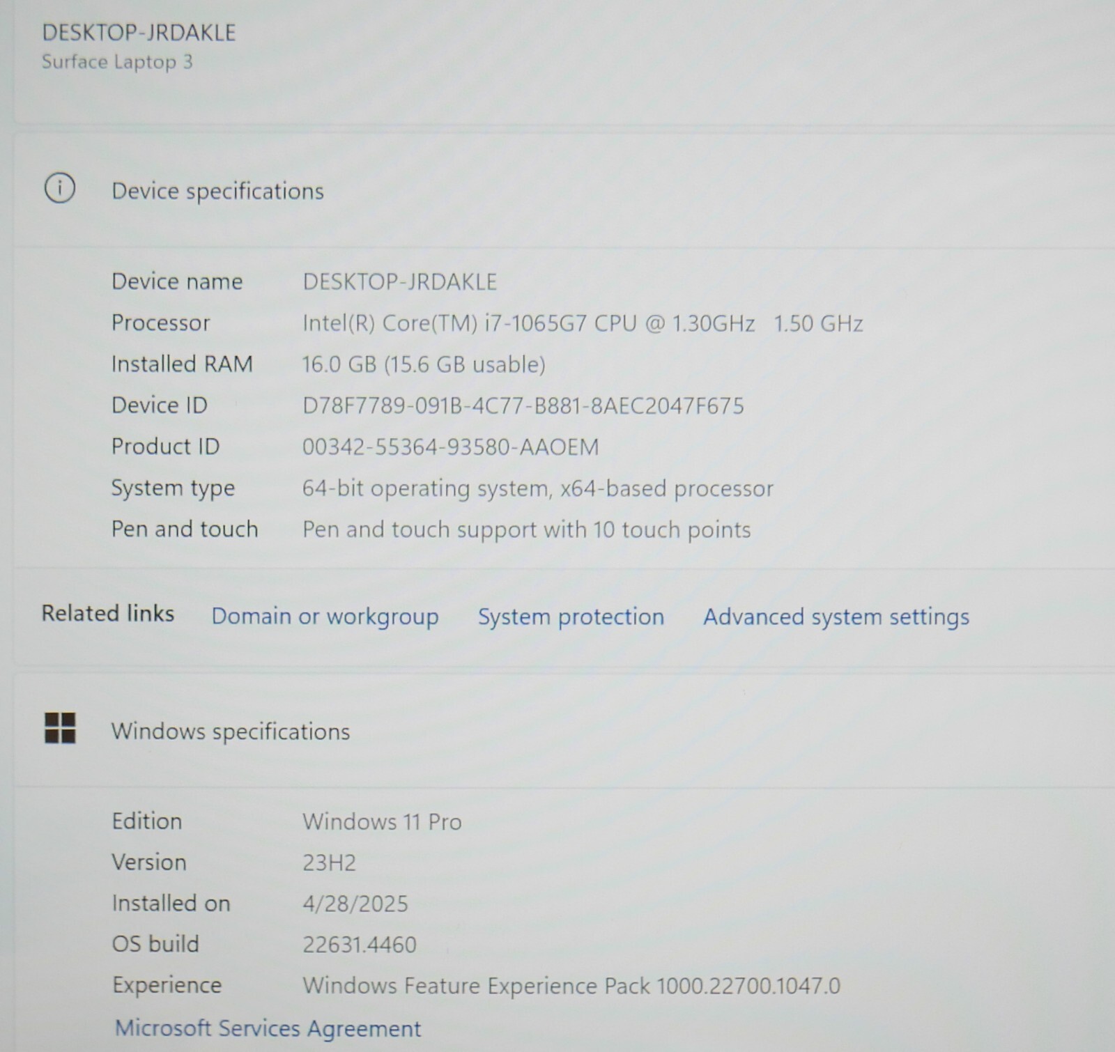MICROSOFT SURFACE LAPTOP 3 Intel i7-1065g7 16 GB RAM 256 GB SSD Windows 11 Pro