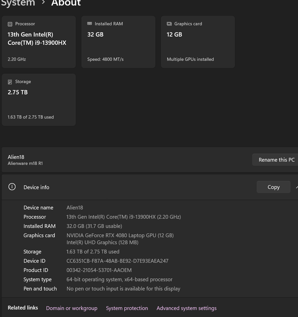 Alienware M18 R1 13th Gen Intel Core i9-13900HX NVIDIA GeForce RTX 4080 32GB RAM