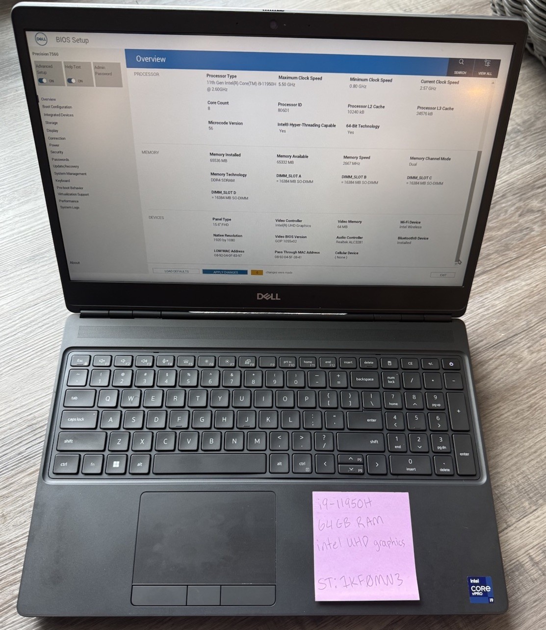 Dell Precision 7560 15.6″ i9-11950H 64GB RAM Intel UHD NO SSD